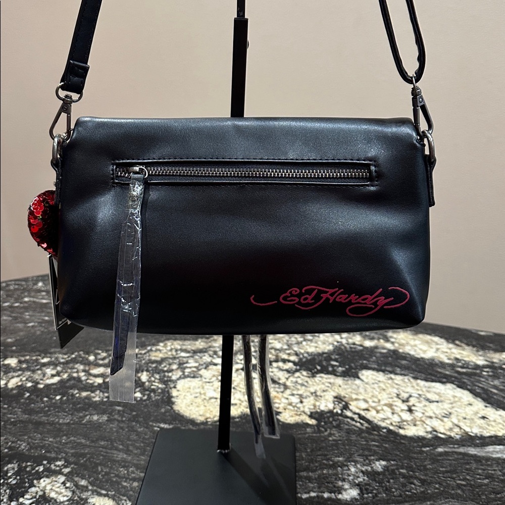 Ed Hardy Black and Red Crossbody Bag with Rose Patch - Picture 4 of 9